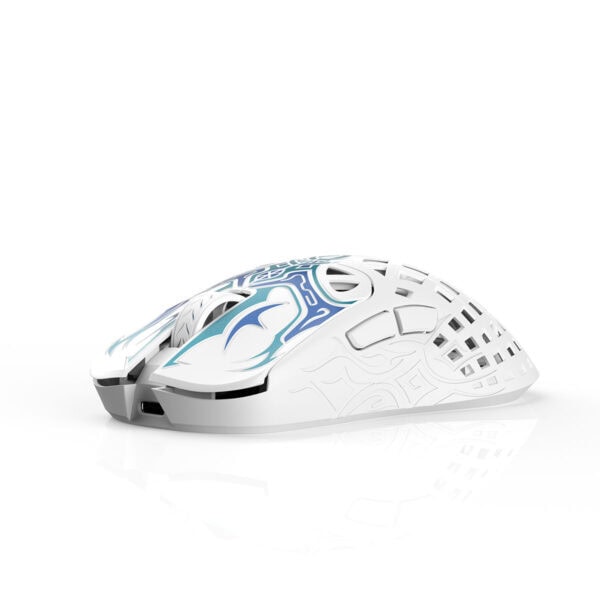 Riptide temalı kablosuz oyun faresi, yüksek performanslı sensör ve ergonomik tasarım ile profesyonel oyuncular için ideal.