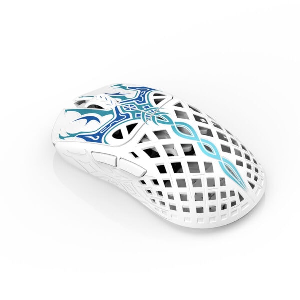 WAIZOWL Triaina 8K Hz kablosuz gaming mouse, beyaz ve mavi tasarım, yüksek performanslı sensör, ergonomik yapı, hızlı tepki ve hassasiyet için ideal.