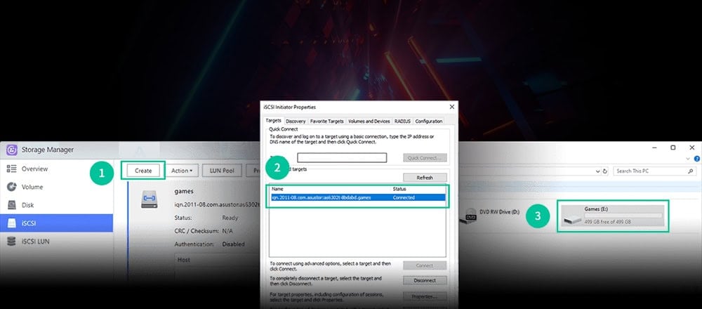 Sunucu bağlantısı için iSCSI hedef ayarlarını gösteren bilgisayar ekran görüntüsü, ağ depolama ve veri erişimi, Windows ile iSCSI yapılandırması, çevrimiçi ağ aktarımı görseli, bilgisayar ve depolama cihazlarıyla çalışma.