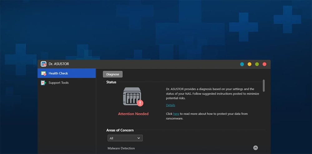 Asustor LOCKERSTOR 4 Gen3 NAS cihazının güvenlik ve sağlık kontrolü ekranı, sistem durumu ve tehdit uyarıları gösteriliyor.