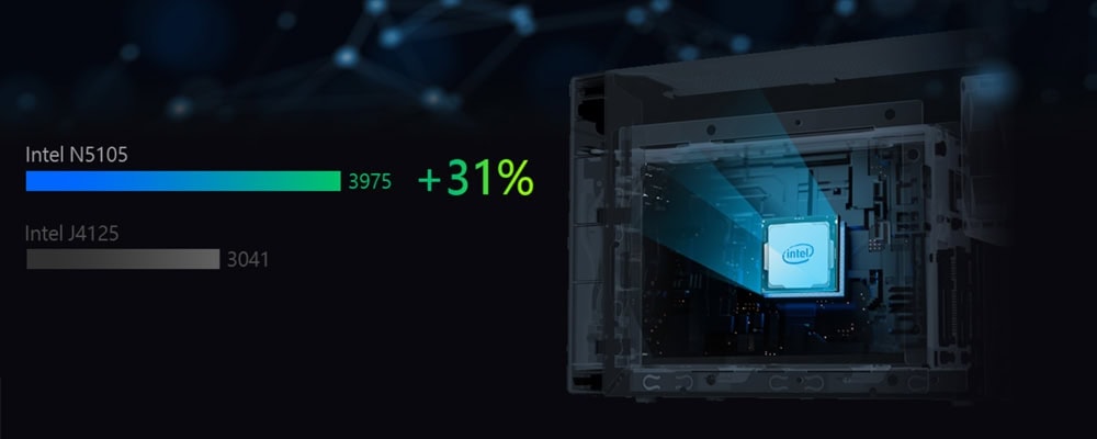 Yüksek performanslı Intel N5105 işlemci ve gelişmiş bilgisayar teknolojisi içeren anakart görseli.