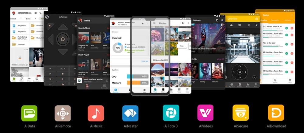 Yazılım ve multimedya uygulamaları ile gelişmiş akıllı telefon deneyimi. Uygulama ikonları: AiData, AiRemote, AiMusic, AiMaster, AiFoto 3, AVideos, AIsecure, AIDownload.