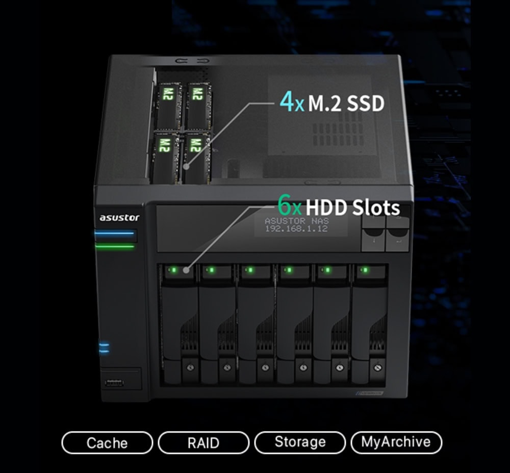 Yüksek Performanslı NAS depolama sunucusu, 4 M.2 SSD ve 6 HDD yuvası ile güçlü veri depolama ve yedekleme çözümleri sağlar.