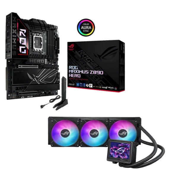 ASUS ROG Maximus Z890 Hero anakart ve ASUS ROG Ryujin III 360 ARGB sıvı soğutucu, yüksek performans ve estetik tasarım sunar. Oyun ve overclock için ideal, RGB aydınlatmalı ve yüksek uyumluluk özellik.