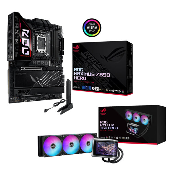 ASUS ROG Maximus Z890 Hero anakart ve ASUS ROG RYUO IV 360 ARGB sıvı soğutucu, yüksek performans ve estetik tasarım sunar. Oyun ve overclock için ideal, RGB aydınlatmalı ve dayanıklı bileşenler içerir.