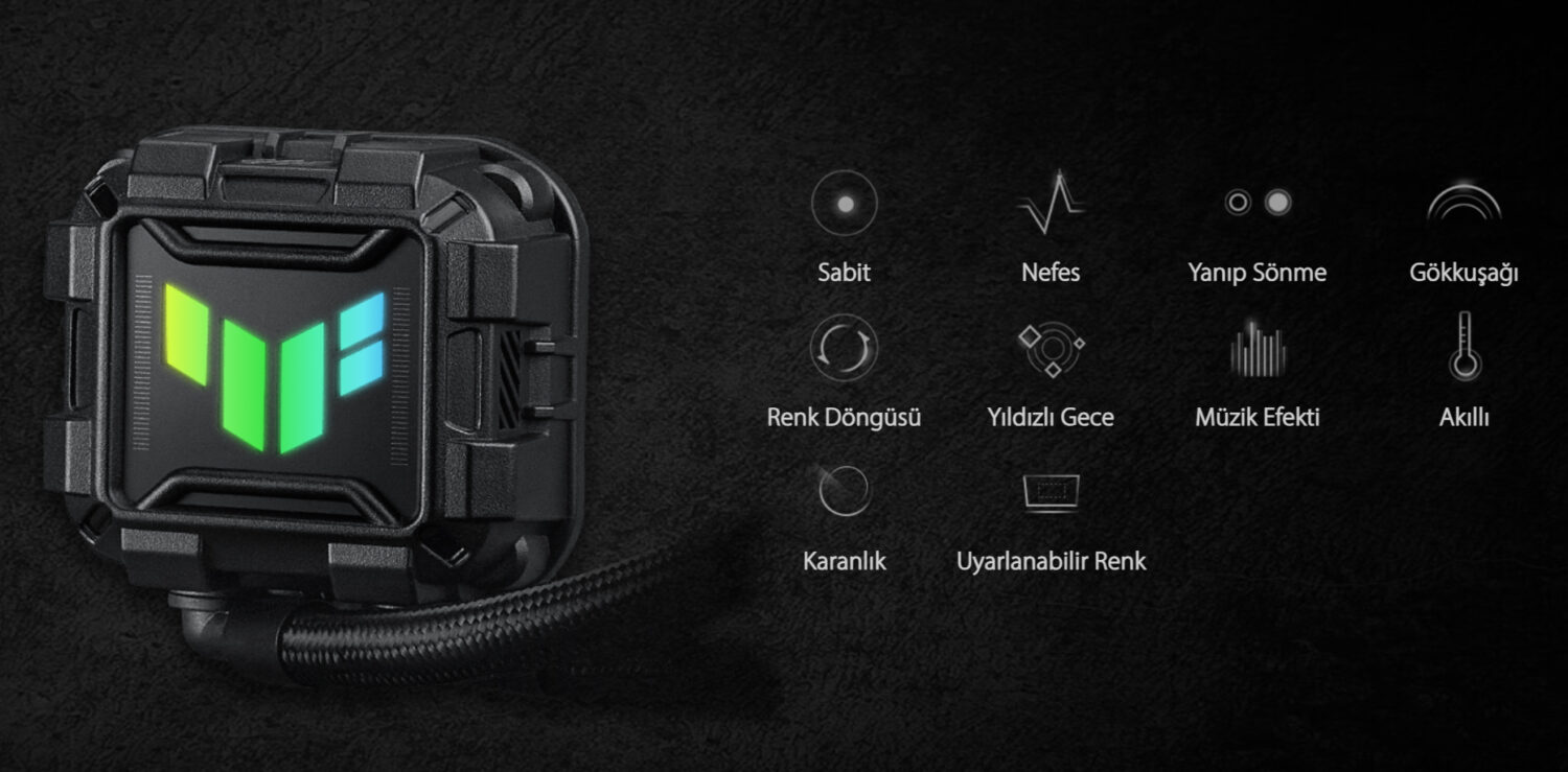 ASUS TUF Gaming LC II 240 ARGB İşlemci Sıvı Soğutucu, Intel ve AMD uyumlu, 240mm radyatör, RGB aydınlatma ve sessiz çalışma özellikleriyle yüksek performans sağlar.