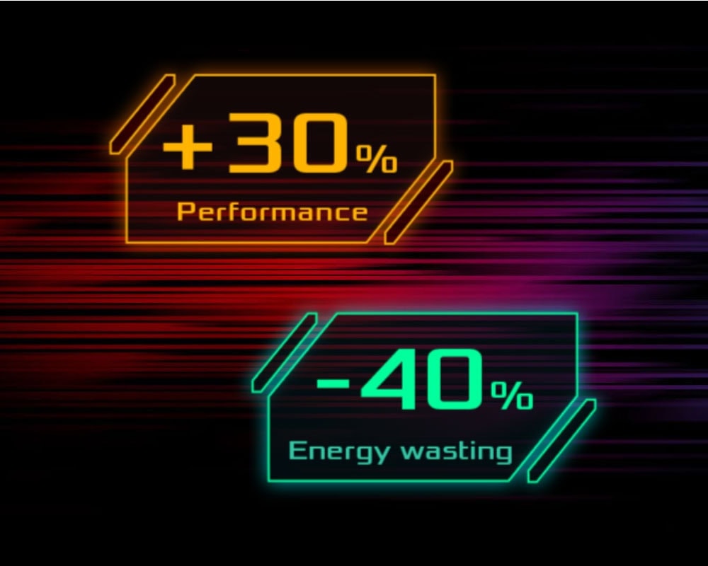 Performans artışı ve enerji tasarrufu temalı neon efektli görsel, bilgisayar ve teknoloji promosyonu için uygun, yüksek kalite ve dikkat çekici tasarım.