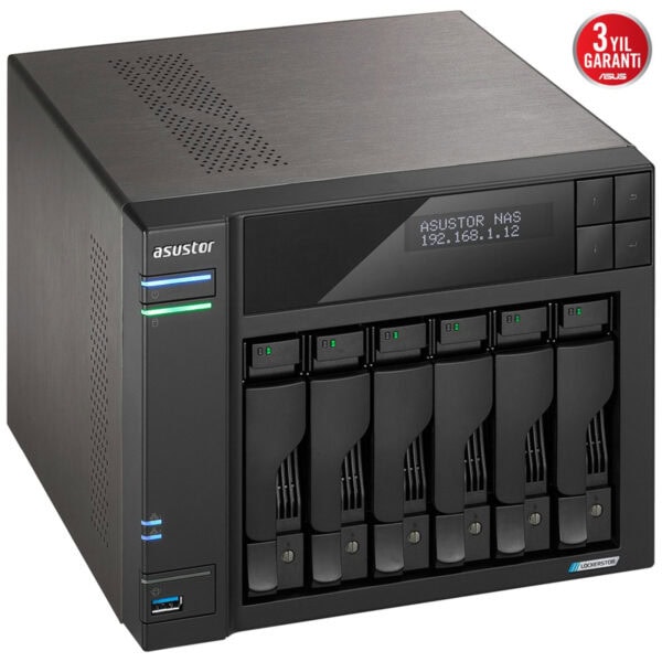 Asustor LOCKERSTOR 6 Gen2 NAS, 6 yuvalı, 2.5GbE bağlantı, Intel Celeron N5105 işlemci, 8GB RAM, yüksek performanslı depolama çözümü.