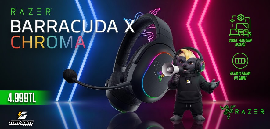 Razer Barracuda X Chroma oyun kulaklığı, yüksek ses kalitesi ve renkli aydınlatma efektleri ile gaming deneyimini artırır. Konforlu tasarımı ve kablosuz bağlantısı ile öne çıkar.