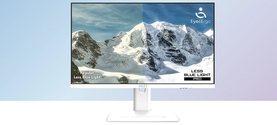 Dağ manzarası ve monitör ekranında karla kaplı yüksek dağlar ve gökyüzü görünümü, EyesErgo logosu ile.