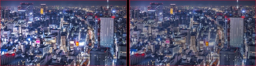 Şehir manzarası, gece ışıklarıyla aydınlanan yüksek binalar ve gökdelenler, modern şehir yaşamını yansıtan etkileyici bir görüntüdür. Bu görsel, şehir fotoğrafçılığı ve kentsel gelişim temalarıyla uyu.