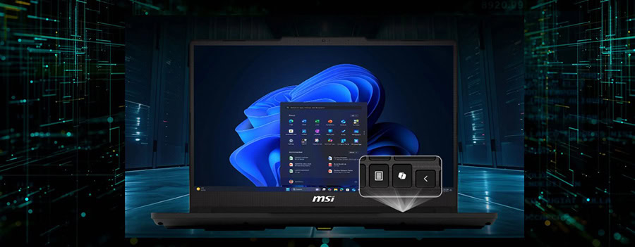 MSI dizüstü bilgisayar ve yapay zeka simgeleriyle oyun ve teknoloji odaklı görsel.