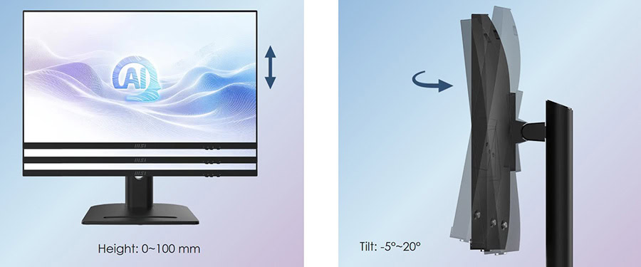 Yapay zeka ve oyun teknolojileriyle uyumlu yüksek çözünürlüklü monitör, 0-100 mm yükseklik ayarı ve -5° ile 20° arasında eğim özelliği ile oyun deneyimini optimize eder.
