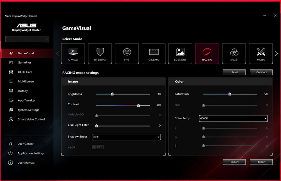 Yüksek çözünürlüklü oyun monitörü ekran görüntüsü, ASUS GameVisual RACING modu ayarlarıyla optimize edilmiş, renk ve kontrast ayarlarıyla hızlı ve akıcı oyun deneyimi sağlar.
