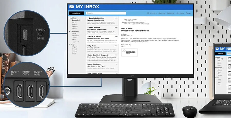 Dijital posta kutusu ve bilgisayar aksesuarları, masaüstü ve dizüstü bilgisayarlar için bağlantı noktaları ve USB portları.