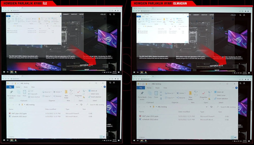 Bilgisayar ekranında oyun ve grafik ayarlarını gösteren iki farklı ekran görüntüsü, biri parlaklık ayarlarıyla, diğeri ise parlaklık olmadan.