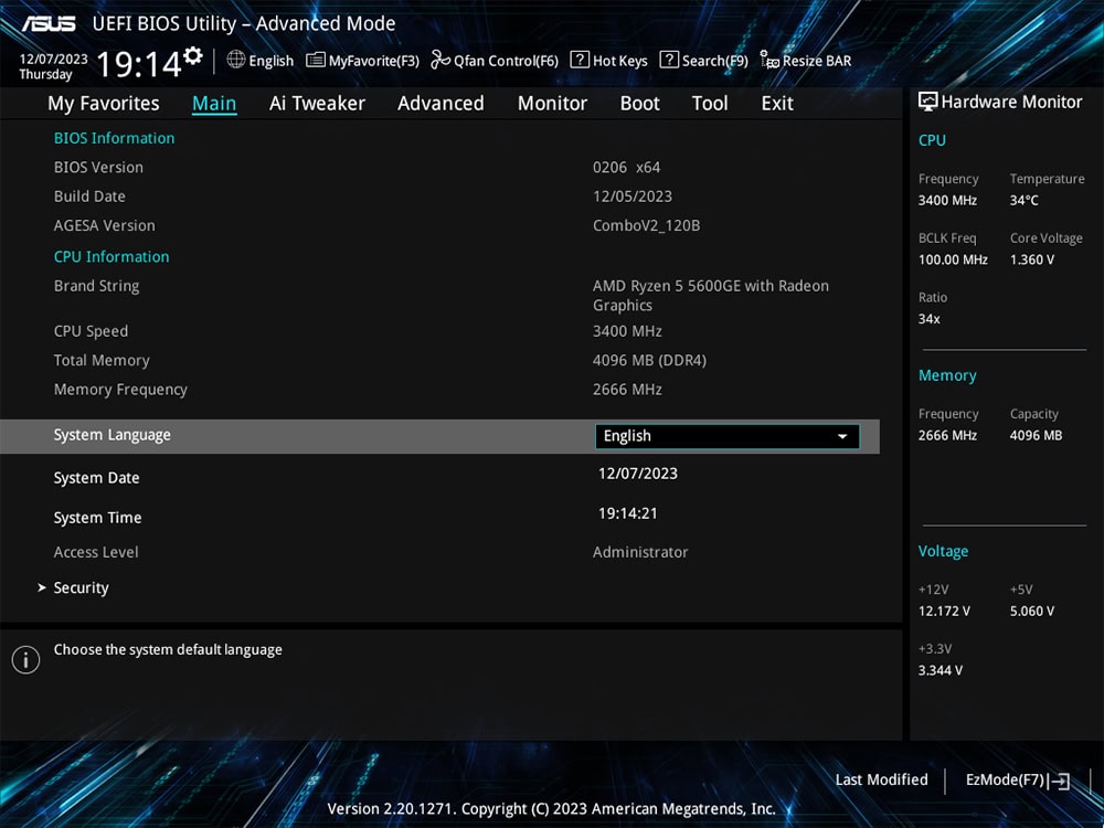AMD Ryzen 5 5600G işlemcili bilgisayarın BIOS ayar ekranı, sistem bilgileri ve performans detayları, yüksek performans ve güvenilirlik vurgusu ile.