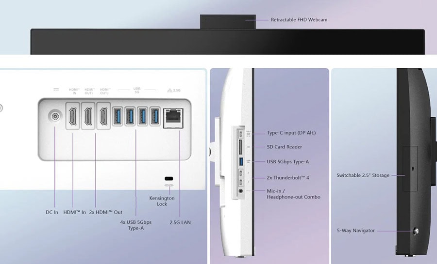 Çoklu bağlantı paneli, HDMI, USB, Ethernet ve güç girişleri ile çeşitli cihazlara uyum sağlar. Ofis ve ev kullanımı için ideal, dayanıklı ve kullanışlı tasarım.