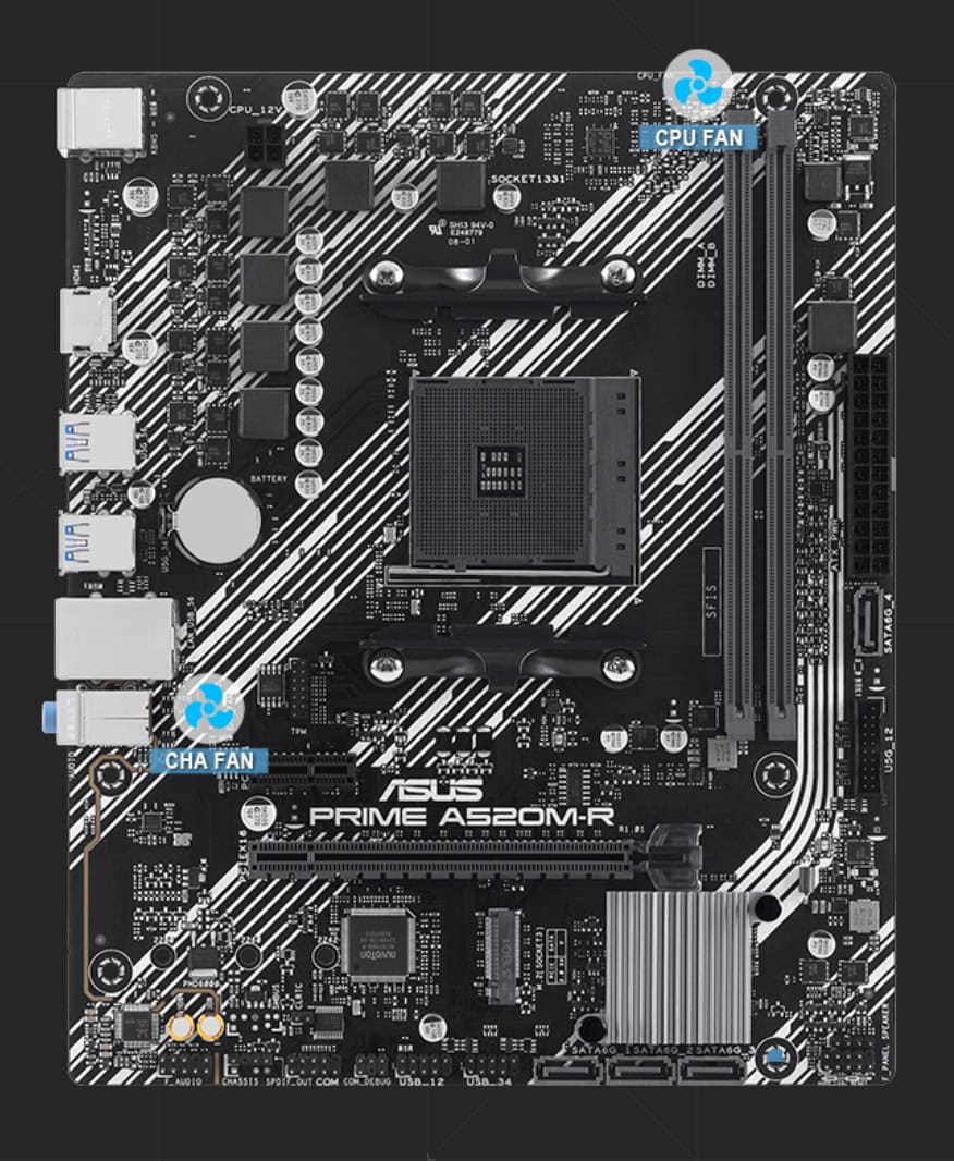 ASUS Prime A520M-R anakart, CPU ve fan bağlantılarıyla detaylı bilgisayar anakartı, yüksek performanslı anakart modeli, oyun ve ofis bilgisayarları için uygun.