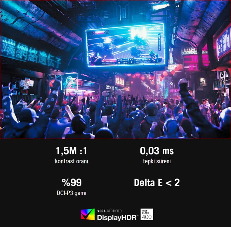 Oyun turnuvası izleyicileri ve profesyonel oyuncuların bulunduğu, neon ışıklar ve büyük ekranlar ile donatılmış modern bir e-spor etkinliği ortamı.