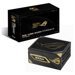 ASUS ROG Thor 3000W Titanium III Edition güç kaynağı, 20. yıl özel tasarım, ARGB aydınlatma ve PCIe 5.1 uyumlu, tam modüler ATX 3.1 güç kaynağı.