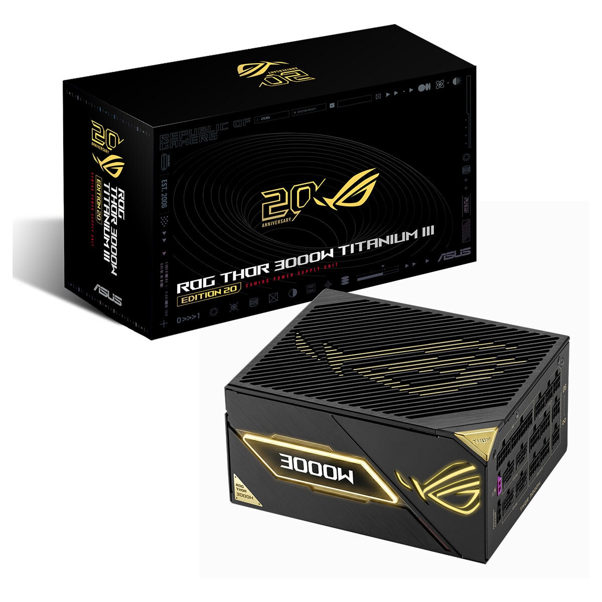 ASUS ROG Thor 3000W Titanium III Edition güç kaynağı, 20. yıl özel tasarım, ARGB aydınlatma ve PCIe 5.1 uyumlu, tam modüler ATX 3.1 güç kaynağı.
