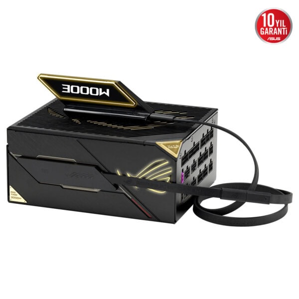 ASUS ROG Thor 3000W Titanium III Edition güç kaynağı, 20 yıl garanti, ARGB aydınlatma ve PCIe 5.1 desteği ile yüksek performanslı güç kaynağı.