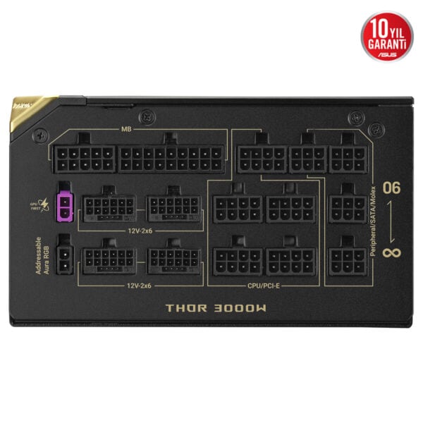 ASUS ROG Thor 3000W Titanium III Edition güç kaynağı, yüksek performans ve dayanıklılık sağlayan modüler tasarım ve ARGB aydınlatma ile dikkat çekiyor.