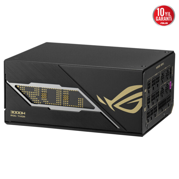 ASUS ROG Thor 3000W Titanium III Edition güç kaynağı, yüksek performans ve dayanıklılık sağlayan modüler tasarım ve ARGB aydınlatma ile dikkat çekiyor.
