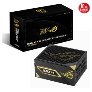 ASUS ROG Thor 3000W Titanium III Edition güç kaynağı, 20. yıl özel tasarım, ARGB aydınlatma ve PCIe 5.1 uyumu ile yüksek performans sunar.