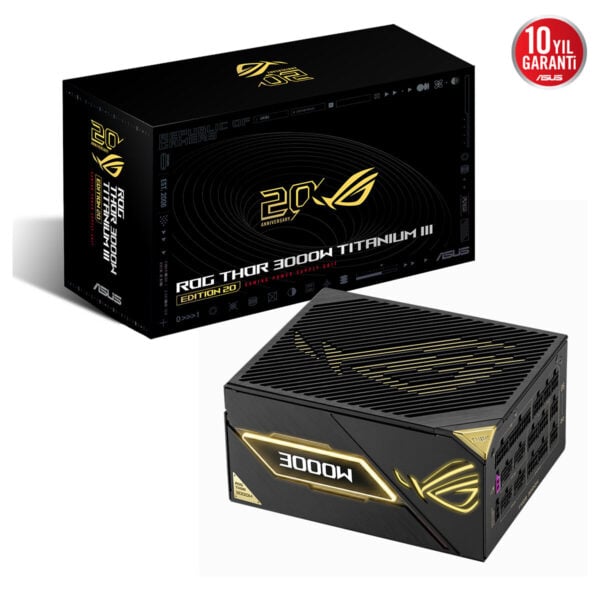 ASUS ROG Thor 3000W Titanium III Edition güç kaynağı, 20. yıl özel tasarım, ARGB aydınlatma ve PCIe 5.1 uyumu ile yüksek performans sunar.