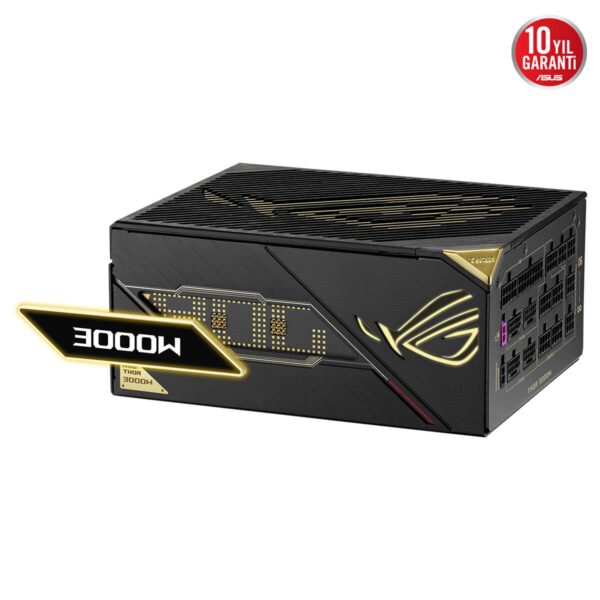 ASUS ROG Thor 3000W Titanium III Edition güç kaynağı, yüksek performans ve dayanıklılık sunan, ARGB aydınlatmalı, PCIe 5.1 uyumlu, tam modüler ATX 3.1 güç kaynağı.