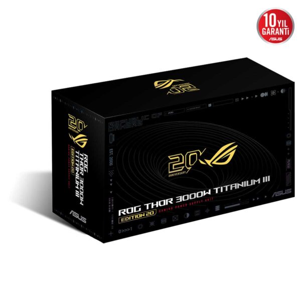 ASUS ROG Thor 3000W Titanium III Edition güç kaynağı, yüksek performans ve dayanıklılık sağlayan modüler tasarım, ARGB aydınlatma ve 20 yıl garanti ile öne çıkıyor.