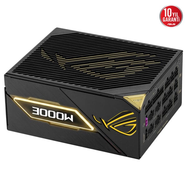 ASUS ROG Thor 3000W Titanium III Edition güç kaynağı, yüksek performans ve dayanıklılık sunan, 20. yıl özel tasarım, ARGB aydınlatmalı, PCIe 5.1 ve tam modüler özelliklere sahip.