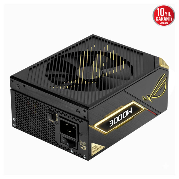 ASUS ROG Thor 3000W Titanium III Edition güç kaynağı, yüksek performans ve dayanıklılık sunan, ARGB aydınlatmalı, PCIe 5.1 uyumlu, tam modüler ATX 3.1 güç kaynağı.