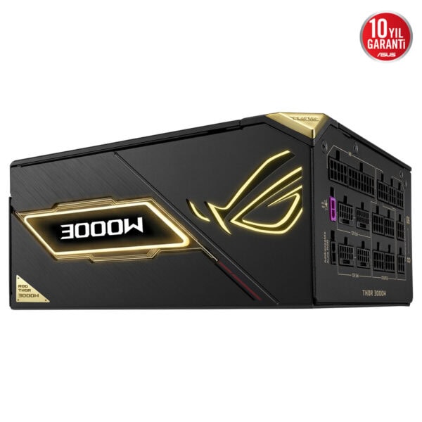 ASUS ROG Thor 3000W Titanium III Edition güç kaynağı, 20. yıl özel tasarım, ARGB aydınlatma ve PCIe 5.1 uyumu ile yüksek performanslı güç kaynağı.