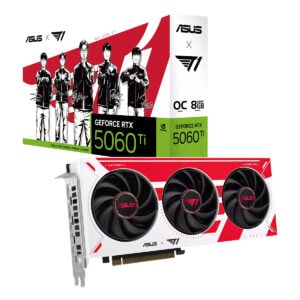 ASUS T1 GeForce RTX 5060 Ti ekran kartı ve kutusu, yüksek performanslı oyun ve grafik işlemleri için tasarlanmış.
