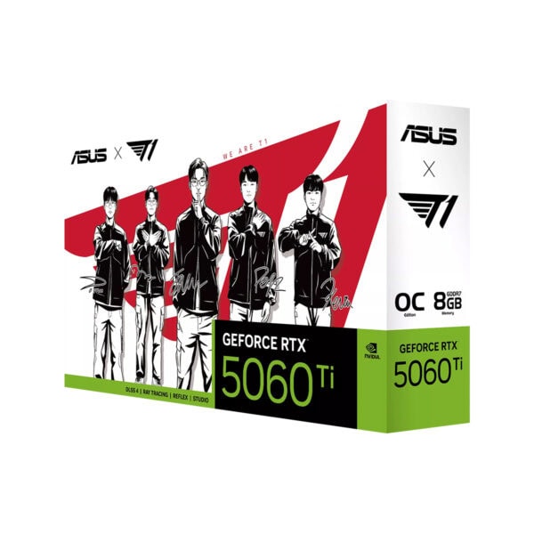ASUS T1 GeForce RTX 5060 Ti 8GB GDDR7 OC Edition ekran kartı kutusu, gençler ve oyun tutkunları için yüksek performanslı grafik kartı.