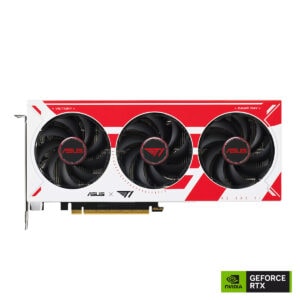 ASUS T1 GeForce RTX 5060 Ti 8GB GDDR7 OC Edition ekran kartı, üç fanlı tasarımı ve şık kırmızı-beyaz renkli soğutucu kapağıyla yüksek performans sağlar.