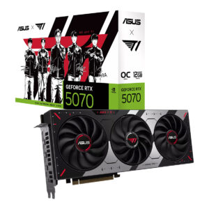 ASUS T1 GeForce RTX 5070 12GB GDDR7 OC Edition ekran kartı ve kutusu, yüksek performanslı oyun ve grafik işlemleri için ideal.