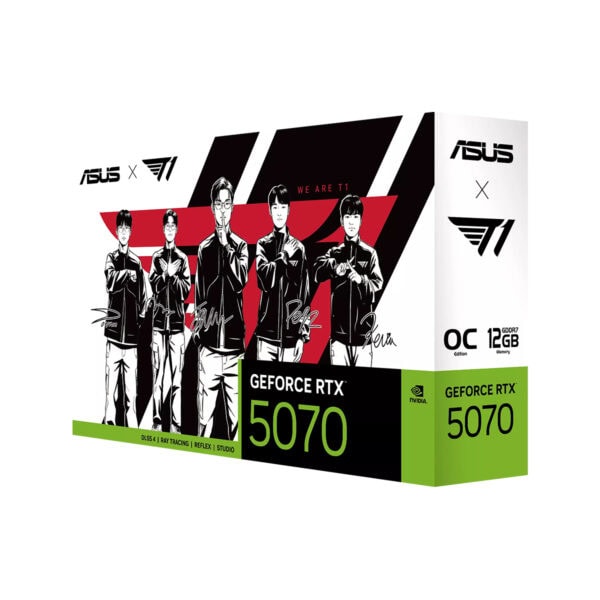 ASUS T1 GeForce RTX 5070 12GB GDDR7 OC Edition ekran kartı kutusu, gençler ve oyun tutkunları için yüksek performanslı grafik kartı.