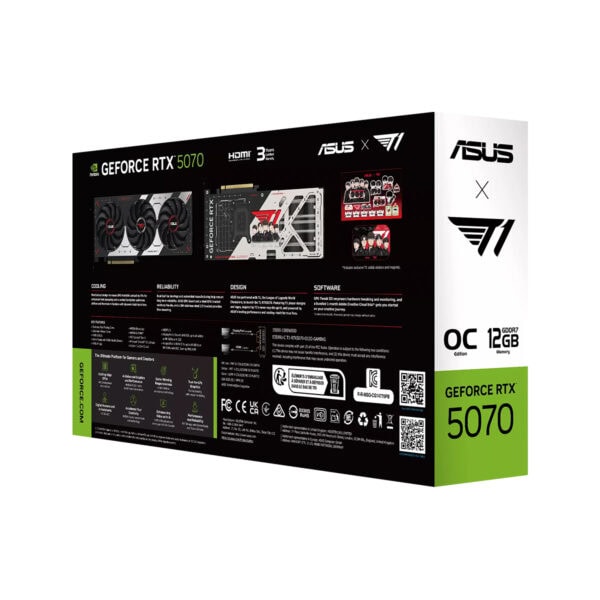 ASUS T1 GeForce RTX 5070 12GB GDDR7 OC Edition ekran kartı kutusu, yüksek performans ve gelişmiş soğutma özellikleriyle dikkat çekiyor.