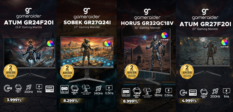 ATUM GR24F201, SOBEK G27Q241, HORUS G32C18V, ATUM GR27F201 oyun monitörleri ve ekranlar.