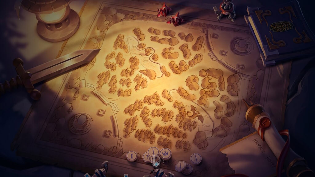 League of Legends Classic oyunu için detaylı harita ve oyun içi öğeler, nostaljik ve retro tarzda tasarlanmış.