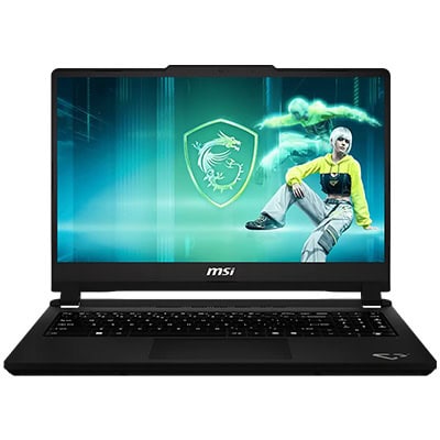 MSI gaming dizüstü bilgisayar ekranında şampiyonluk logosu ve oyuncu figürü, yüksek performans ve oyun deneyimi için ideal.