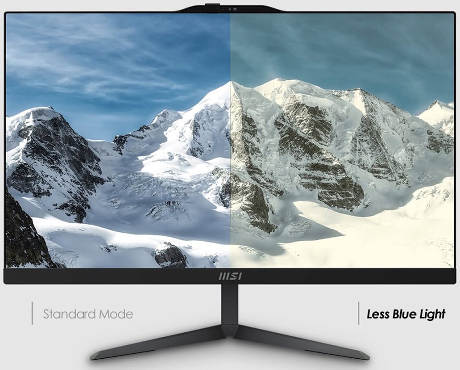 Yüksek çözünürlüklü MSI Modern AM242 1M-2268XEU monitör, dağ manzarasıyla gösteriliyor, geniş ekran ve şık tasarım öne çıkıyor.