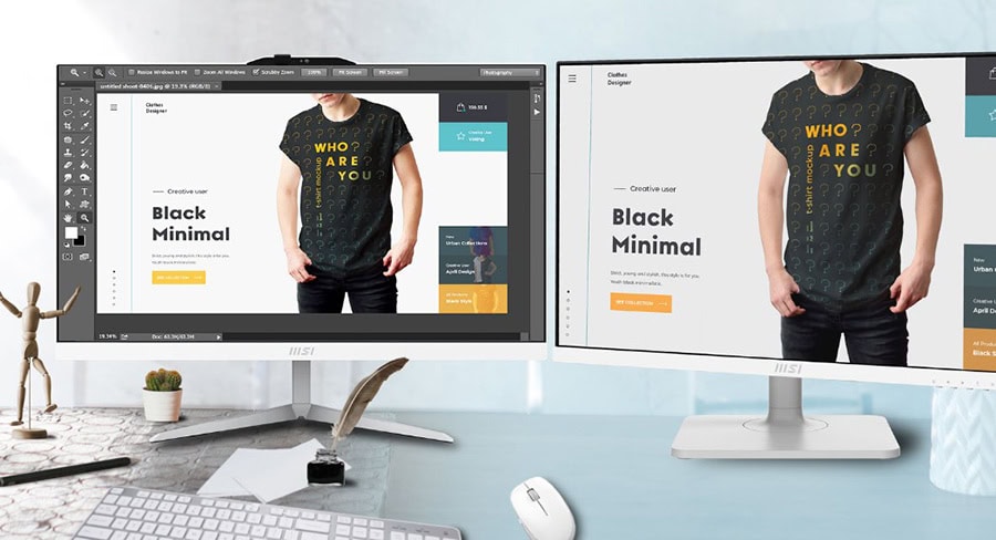 İki monitör ve tasarım çalışması yapan bir kişinin ofis ortamı, minimalist ve modern tasarım detaylarıyla donatılmış.