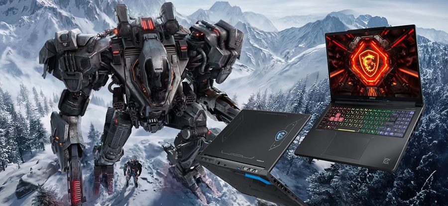 Güçlü robot ve MSI oyun laptopu, karla kaplı dağlar ve buzullar arasında, yüksek çözünürlüklü ekran ve gelişmiş soğutma sistemiyle oyun deneyimini artırıyor.