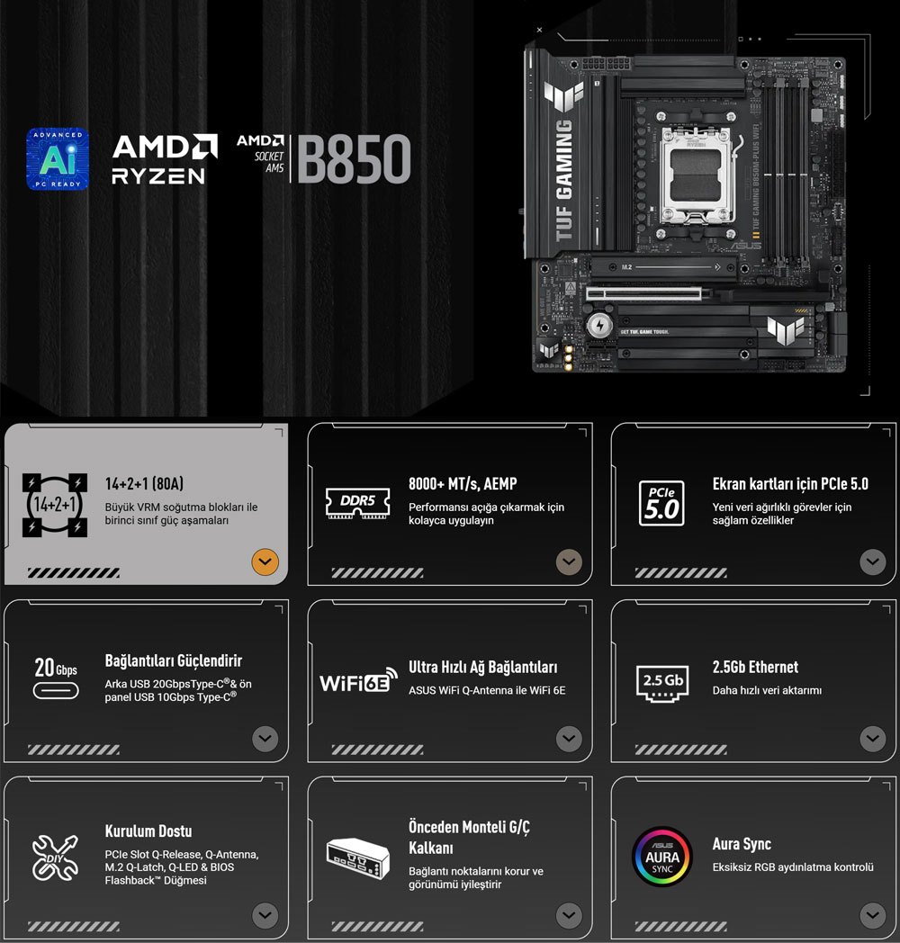 TUF GAMING B850M-PLUS WIFI ASUS TUF Gaming B850M-PLUS WiFi 8000MHz (OC) DDR5 Soket AM5 M.2 HDMI DP mATX Anakart h2