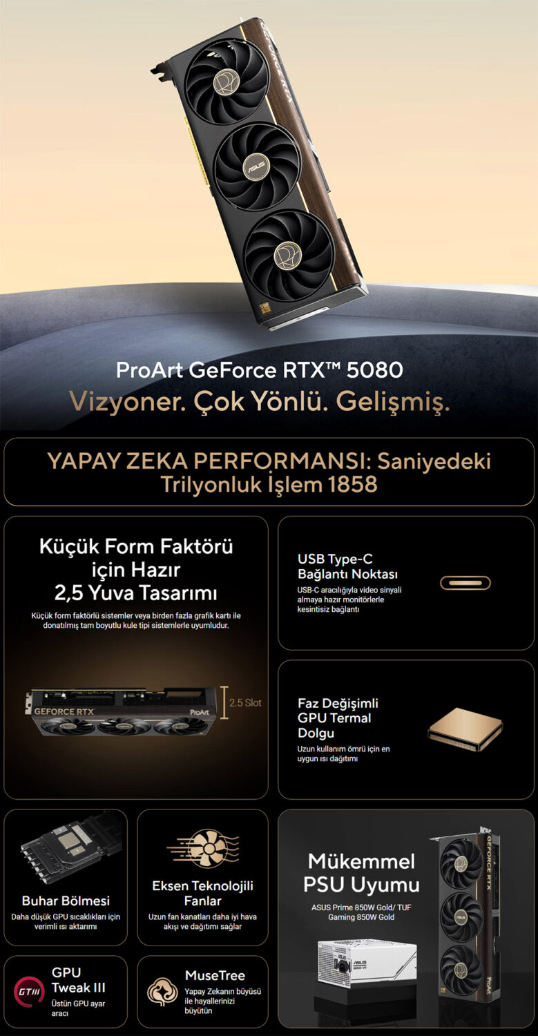 ProArt GeForce RTX™ 5080 16GB GDDR7 OC Edition ASUS ProArt GeForce RTX 5080 16GB GDDR7 OC Edition 256 Bit DLSS 4 Ekran Kartı h2